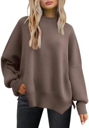 LILLUSORY Women's Oversized Batwing Sweaters 2024 Fall Outfits Crewneck Ribbed Knit Side Slit Trendy Pullover Tops