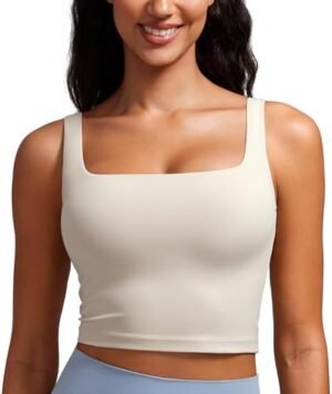 CRZ YOGA Butterluxe Womens Square Neck Longline Sports Bra - Workout Crop Tank Tops Padded with Built in Shelf Yoga Bra
