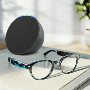 Amazon Echo Frames (3rd Gen) + Echo Pop | Smart glasses with Alexa | Round frames in Blue Tortoise with prescription ready lenses