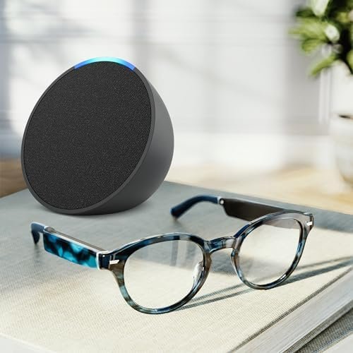 Amazon Echo Frames (3rd Gen) + Echo Pop | Smart glasses with Alexa | Round frames in Blue Tortoise with prescription ready lenses