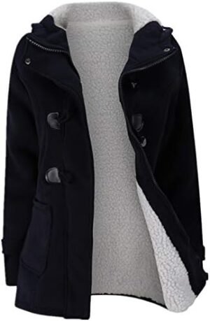 JiangWu Womens Fashion Horn Button Fleece Thicken Coat with Hood Winter Warm Jacket