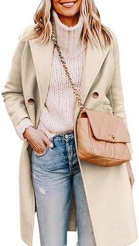 Yousify Womens Notched Lapel Collar Double Breasted Pea Coat Winter Wool Blend Over Coats Long Jackets - Image 3