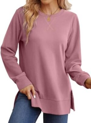 Saloogoe Sweatshirt for Women Side Split Fall Fashion 2024 Long Sleeve Shirts Trending Now