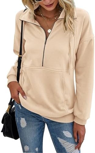 PRETTYGARDEN Women's Casual Long Sleeve Lapel Zipper Sweatshirt Drawstring Loose Pullover Tops