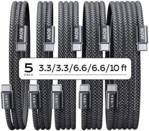LISEN USB C Cable, 5-Pack [3.3/3.3/6.6/6.6/10FT] USBC to USBC Cable for iPhone 16 15 Pro Max Car Charger, 60W (3.1A) C to C Cable Fast Charging for Samsung S24/23, iPad, MacBook Air/Pro USBC Charger