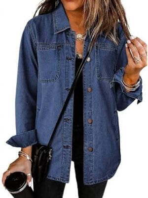 luvamia Denim Jackets for Women Trendy Long Sleeve Button Down Shirt Jacket Jean Shacket with Pocket Western Work Jacket
