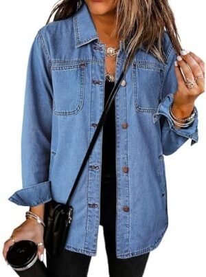 luvamia Denim Jackets for Women Trendy Long Sleeve Button Down Shirt Jacket Jean Shacket with Pocket Western Work Jacket