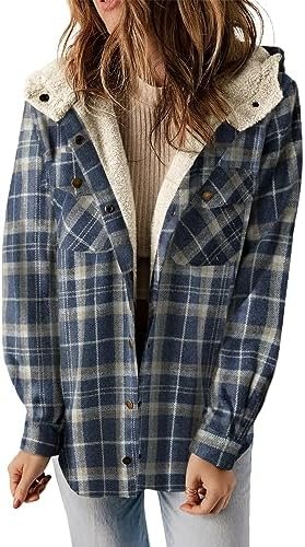 Dokotoo Womens Plaid Shacket Jacket Long Sleeve Button Down Fleece Hooded Jackets Warm Coat