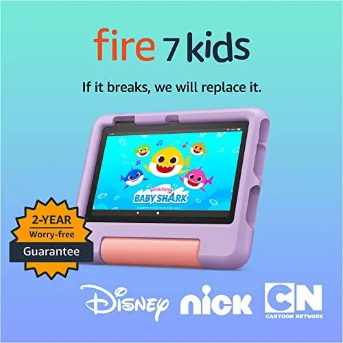 Amazon Fire 7 Kids tablet (newest model) ages 3-7. Top-selling 7" kids tablet on Amazon | ad-free content with parental controls included, 10-hr battery, 32 GB, Purple