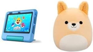 Fire 7 Kids (16GB, Blue) and Cooper Tan Dog Squishmallow Bundle