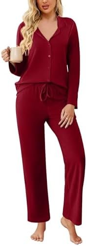 Ekouaer Womens Pajamas Fleece Pj Set Long Sleeve Sleepwear 2 Piece Soft Nightwear Button Down Loungewear Sets