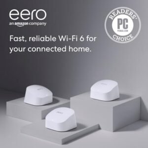 Amazon eero 6 mesh wifi system - Supports speeds up to 500 Mbps, Connect to Alexa, Coverage up to 4,500 sq. ft., 3-pack, one router + two extenders