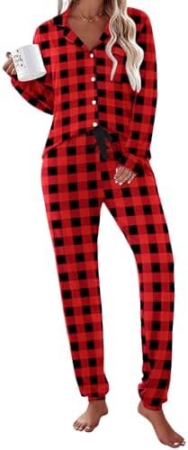 Ekouaer Pajamas Set Long Sleeve Sleepwear Womens Button Down Nightwear Soft Pj Loungewear with Pockets