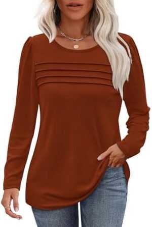 OFEEFAN Long Sleeve Shirts for Women Fall Fashion 2024 Dressy Casual Blouses Trendy Pleated Tunic Tops for Leggings