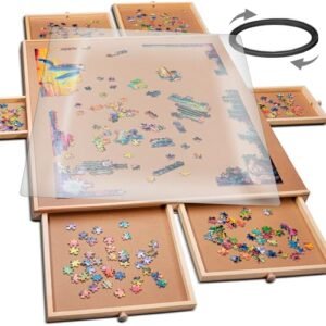 PLAYVIBE Rotating Jigsaw Puzzle Board with Drawers 1000 Piece – Puzzle Table with Cover, 4 Drawers, 22 1/4” x 30" – Wooden Puzzle Organizer – Puzzle Accessories (1500 Piece Rotating)