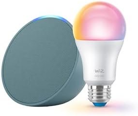 Echo Pop with WiZ 60W A19 LED Smart Color Bulb - Connects to Your Wi-Fi - E26 Base - Control with Voice or App - Matter Compatible