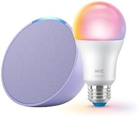 Echo Pop with WiZ 60W A19 LED Smart Color Bulb - Connects to Your Wi-Fi - E26 Base - Control with Voice or App - Matter Compatible