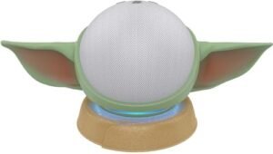 Echo Dot (5th Gen) Bundle: Echo Dot (5th Gen, 2022 release) | Glacier White, and Made for Amazon, featuring The Mandalorian Baby Grogu ™-inspired Stand