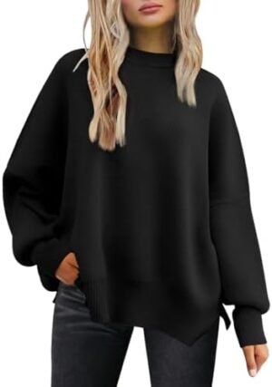 LILLUSORY Women's Oversized Batwing Sweaters 2024 Fall Outfits Crewneck Ribbed Knit Side Slit Trendy Pullover Tops