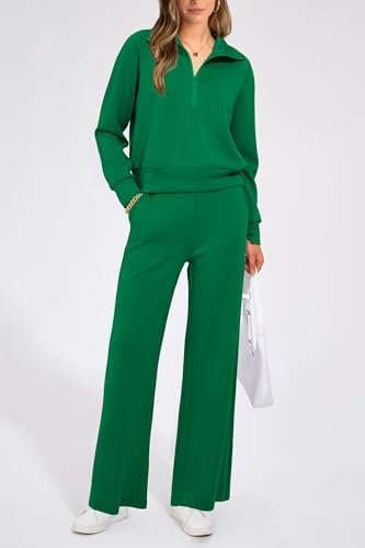PRETTYGARDEN Women's 2 Piece Outfits Casual Lapel Half Zip Sweatshirts And Wide Leg Pants Tracksuit Sets - Image 2