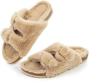 FITORY Womens Open Toe Slipper with Cozy Lining,Faux Rabbit Fur Cork Slide Sandals Size 6-11
