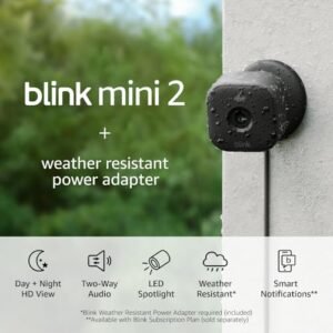 Blink Mini 2 + Weather Resistant Adapter — Plug-in smart security camera, indoor/outdoor, HD night view in color, built-in spotlight, two-way audio, motion detection, Works with Alexa (Black)