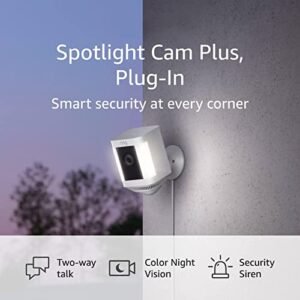Ring Spotlight Cam Plus, Plug-in | Two-Way Talk, Color Night Vision, and Security Siren (2022 release) - White