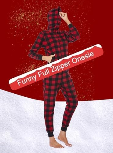 COLORFULLEAF Couples Matching Christmas Pajamas for Family Hoodie Fleece Onesie Plaid Union Suit Full Zipper Jumpsuits - Image 2