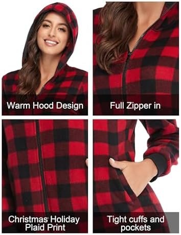 COLORFULLEAF Couples Matching Christmas Pajamas for Family Hoodie Fleece Onesie Plaid Union Suit Full Zipper Jumpsuits - Image 3