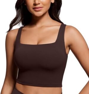 CRZ YOGA Butterluxe Womens Square Neck Longline Sports Bra - Workout Crop Tank Tops Padded with Built in Shelf Yoga Bra