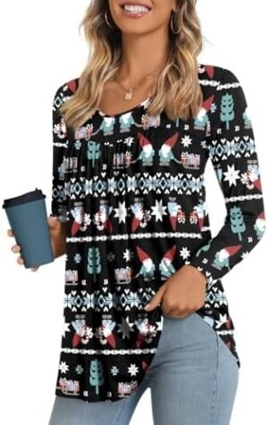 LONGYUAN 2024 Women's Long Sleeve Casual Tunics Tops Winter Loose Shirts Flare Blouse Comfy Elastic Cute