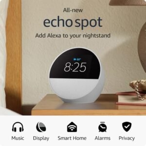 All-new Amazon Echo Spot (newest model), Great for nightstands, offices and kitchens, Smart alarm clock with Alexa and no visual ads, Glacier White
