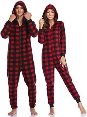 COLORFULLEAF Couples Matching Christmas Pajamas for Family Hoodie Fleece Onesie Plaid Union Suit Full Zipper Jumpsuits