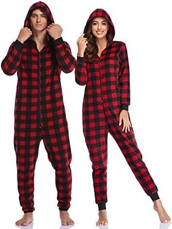 COLORFULLEAF Couples Matching Christmas Pajamas for Family Hoodie Fleece Onesie Plaid Union Suit Full Zipper Jumpsuits