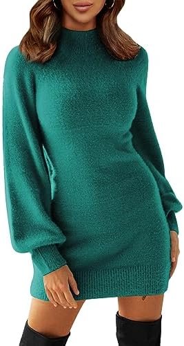 EXLURA Women's 2024 Mock Neck Ribbed Long Sleeve Bodycon Pullover Cute Mini Sweater Dress