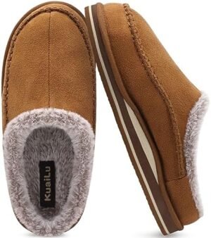 KuaiLu Mens Clog Slippers with Arch Support Suede Faux Fur Memory Foam Warm House Shoes Comfortable Slip-on Mans Bedroom Indoor Outdoor Slippers Rubber Sole Size 7-16