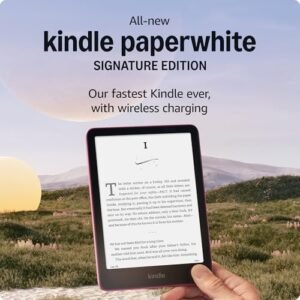 All-new Amazon Kindle Paperwhite Signature Edition Essentials Bundle including All-new Kindle Paperwhite Signature Edition (32GB) - Raspberry, Fabric Cover-Raspberry, and Wireless Charging Dock