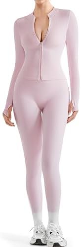 SUUKSESS Women 2 Piece Seamless Ribbed Workout Sets With Zip Up Jacket High Waisted Gym Yoga Leggings