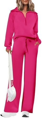 PRETTYGARDEN Women's 2 Piece Outfits Casual Lapel Half Zip Sweatshirts And Wide Leg Pants Tracksuit Sets