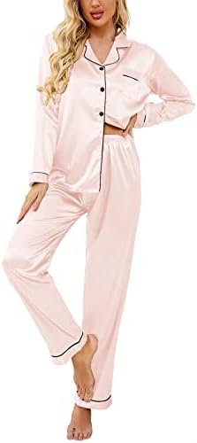Ekouaer Women's Classic Button Down Long Satin Silk Pajama Set