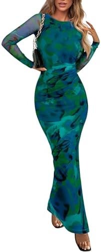 PRETTYGARDEN Women's Bodycon Maxi Dress Fall Spring Fashion Long Sleeve Floral Print Tight Fitted Party Club Ruched Dresses