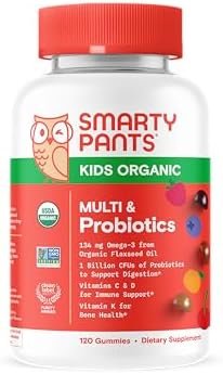 SmartyPants Organic Kids Multivitamin, Daily Gummy Vitamins: Probiotics, Vitamin C, D3, Zinc, & B12 for Immune Support, Energy & Digestive Health, Assorted Fruit Flavor, 120 Gummies, 30 Day Supply