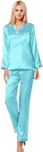 SWOMOG Womens Silk Satin Pajamas Set Long Sleeve Button Down Sleepwear 2 Piece Lounge Set Pj Set XS-3XL - Image 3