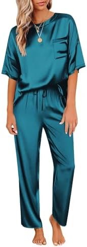 Ekouaer Womens Satin Silky Pajama Set Short Sleeve Shirt with Long Pajama Pant Set Soft PJ Loungewear