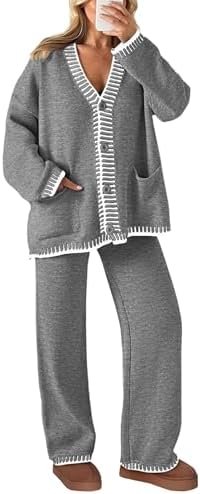 PRETTYGARDEN Women's 2 Piece Outfits Knit Matching Lounge Sets Long Sleeve V Neck Cardigan Sweaters Wide Leg Pants Tracksuits