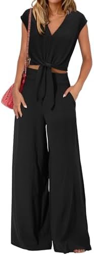 PRETTYGARDEN Women's Summer 2 Piece Outfits 2025 Cap Sleeve V Neck Belted Crop Tops Wide Leg Pant Sets Casual Tracksuit
