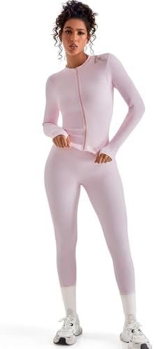 SUUKSESS Women 2 Piece Seamless Ribbed Workout Sets With Zip Up Jacket High Waisted Gym Yoga Leggings - Image 3