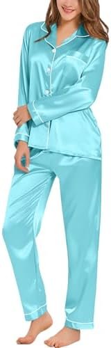 SWOMOG Womens Silk Satin Pajamas Set Long Sleeve Button Down Sleepwear 2 Piece Lounge Set Pj Set XS-3XL