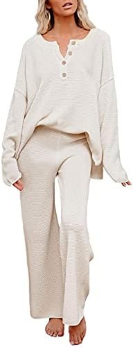 Pink Queen Women's 2 Piece Outfit Set Long Sleeve Button Pullover Sweater Top and Wide Leg Pants Knit Sweatsuit
