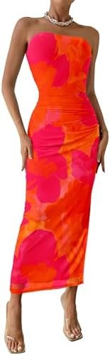 PRETTYGARDEN Women's Summer Maxi Bodycon Dresses Strapless Tube Top Printed Long Party Club Slit Dress